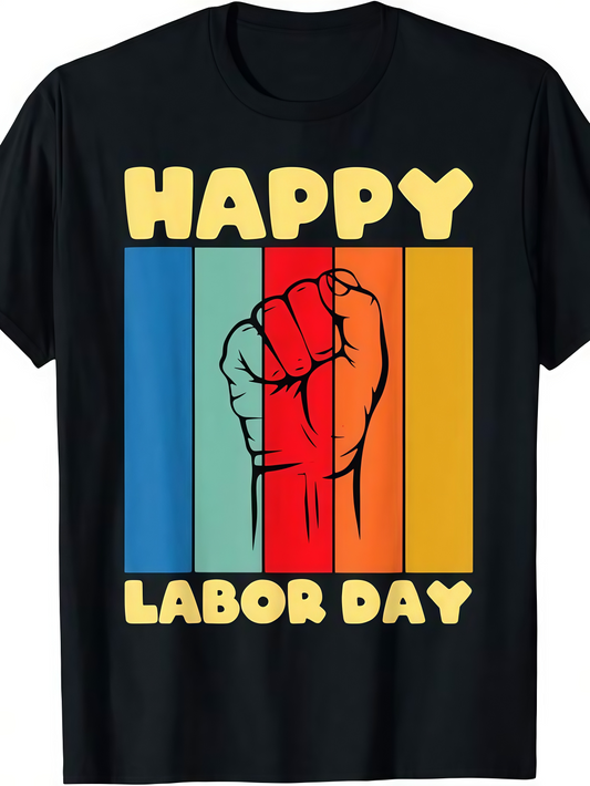 Men's Graphic T-Shirt Happy Labor Day Raised Fist With Retro Colorful Geometric Background Design