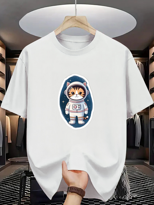 Men's Graphic T-Shirt Adorable Cartoon Cat In Spacesuit Surrounded By Twinkling Stars Astronaut