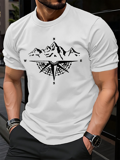 Men's Graphic T-Shirt Mountain Peaks Over Detailed Compass Rose Adventure Design