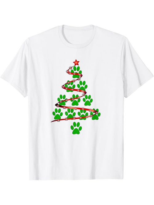 Men's Graphic T-Shirt Festive Green Paw Prints Forming A Christmas Tree Shape