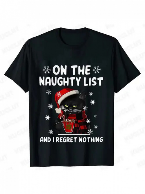 Men's Graphic T-Shirt On The Naughty List Festive Santa Hat With Mischievous Cat Surrounded By Snowflakes