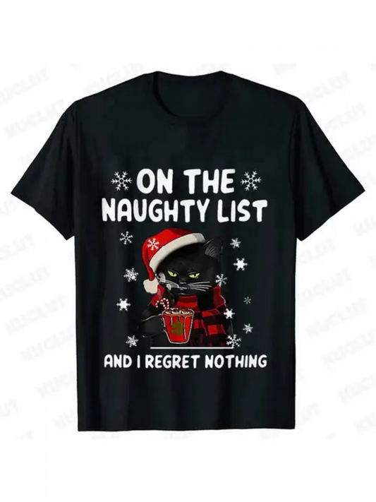 Men's Graphic T-Shirt On The Naughty List Festive Santa Hat With Mischievous Cat Surrounded By Snowflakes