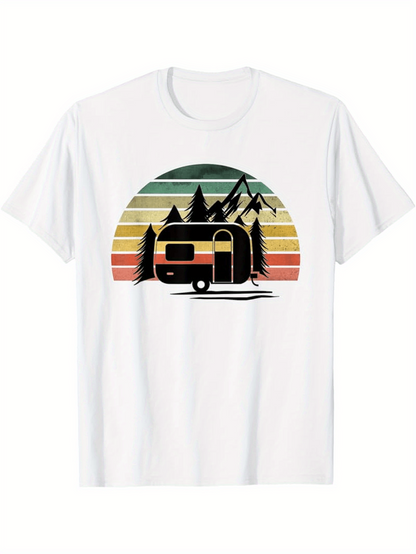 Men's Graphic T-Shirt Retro Sunset Mountains With Forest And Travel Camper