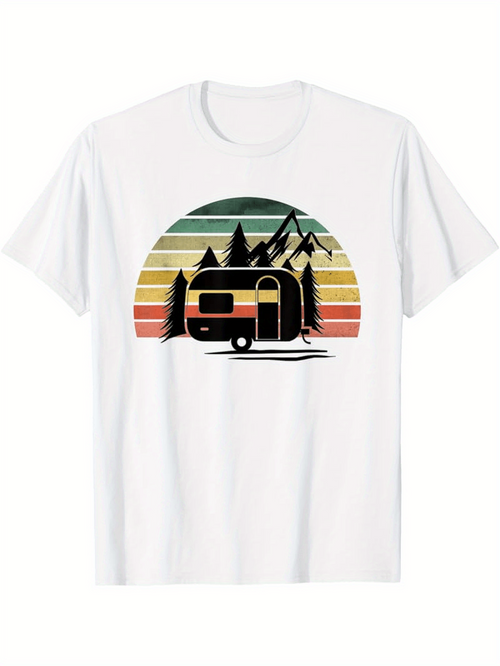 Men's Graphic T-Shirt Retro Sunset Mountains With Forest And Travel Camper