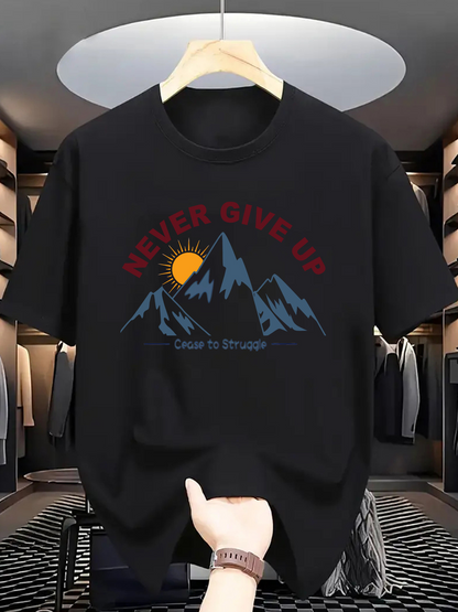 Men's Graphic T-Shirt Never Give Up Radiant Sunrise With Snowy Peaks And Majestic Mountain