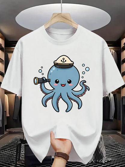Men's Graphic T-Shirt Playful Sailor Octopus Exploring Underwater Adventure With Bubbles And Telescope Octopus