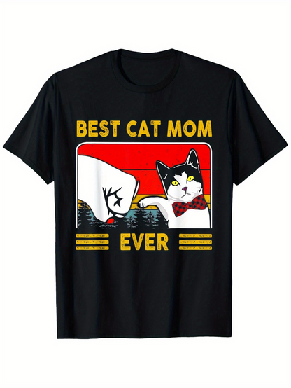 Men's Graphic T-Shirt Best Cat Mom Ever With Bowtie Cartoon Cat Under Red Sky