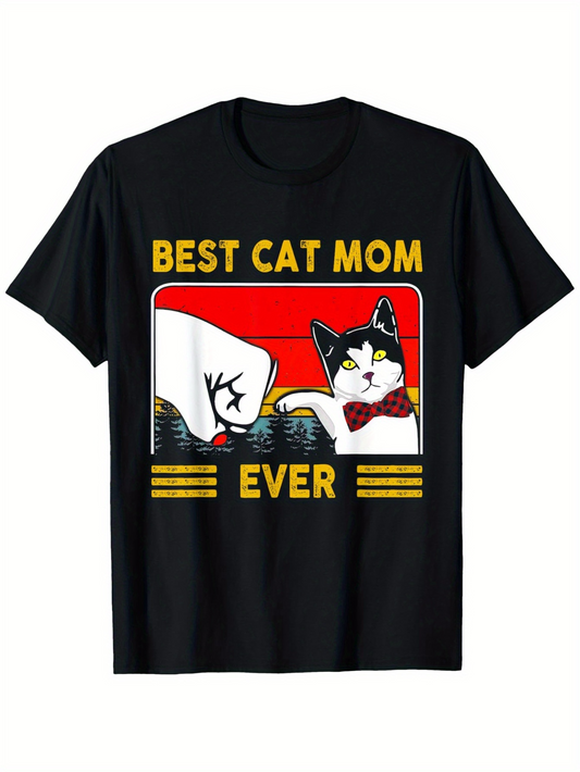 Men's Graphic T-Shirt Best Cat Mom Ever With Bowtie Cartoon Cat Under Red Sky