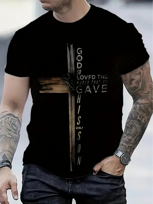 Men's Graphic T-Shirt God Loved The World With Vertical Wooden Painted Cross