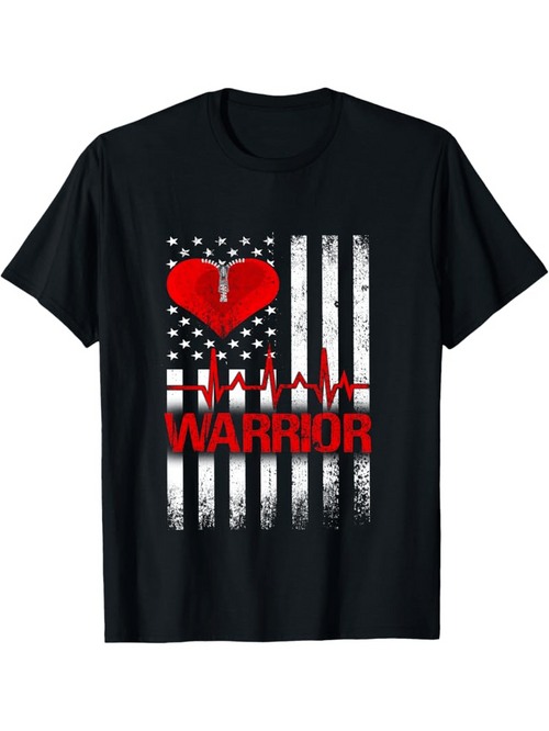 Men's Graphic T-Shirt Red Heart With Pulse Line Warrior Over Grunge American Flag