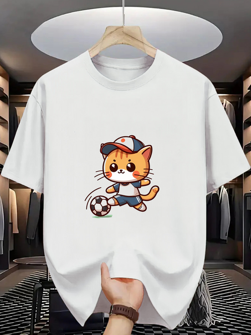 Men's Graphic T-Shirt Playful Ginger Cat With Soccer Ball Wearing Cap