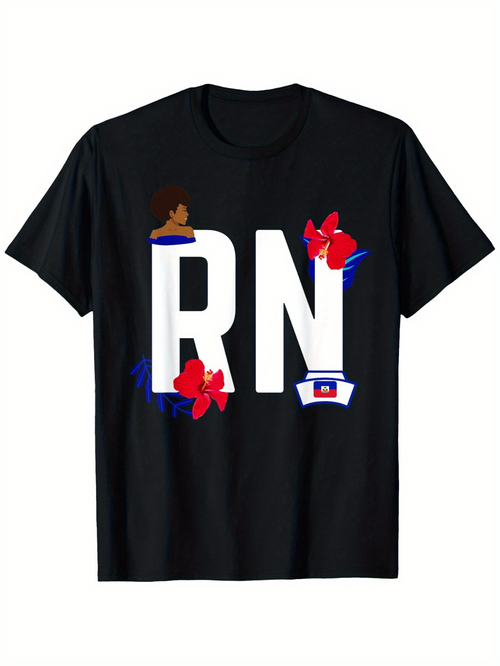 Men's Graphic T-Shirt RN Decorative Elements With Hat And Flowers RN Letters