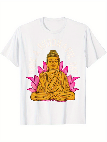 Men's Graphic T-Shirt Peaceful Meditation Golden Buddha Surrounded By Pink Lotus Petals Statue