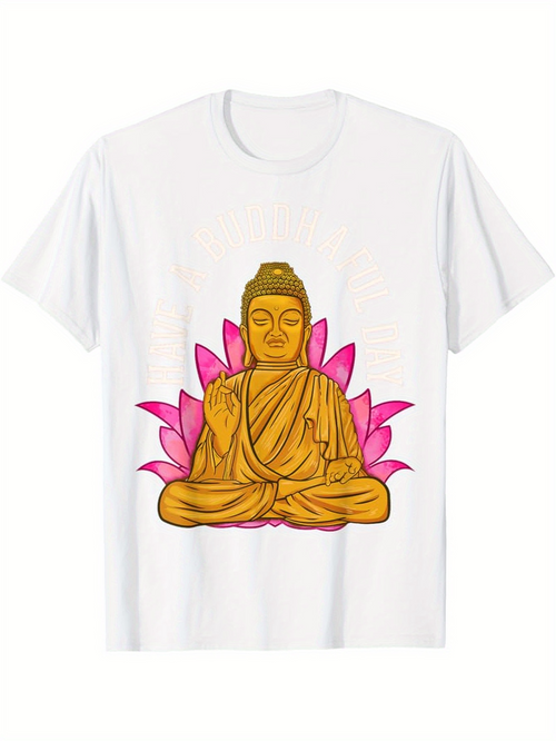 Men's Graphic T-Shirt Peaceful Meditation Golden Buddha Surrounded By Pink Lotus Petals Statue