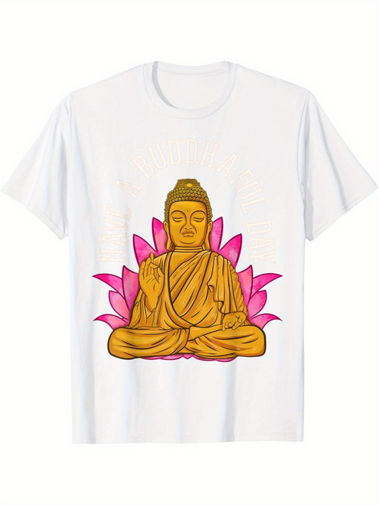 Men's Graphic T-Shirt Peaceful Meditation Golden Buddha Surrounded By Pink Lotus Petals Statue