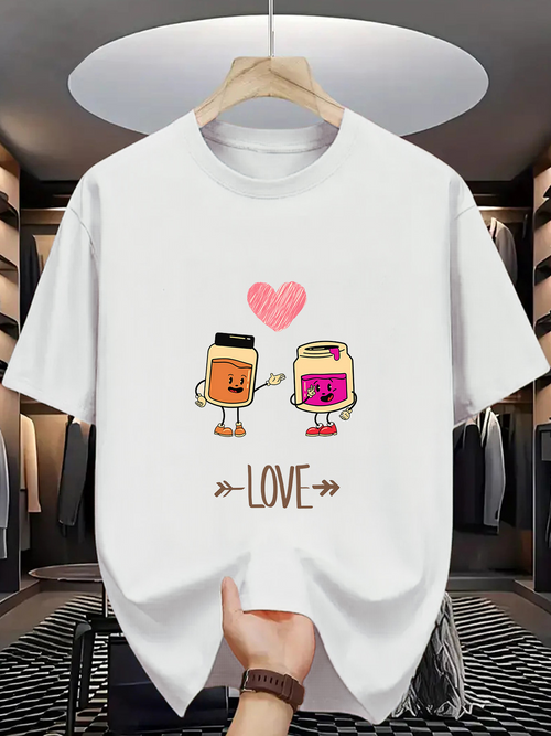 Men's Graphic T-Shirt Love With Cartoon Food Jar Characters Under Pink Heart
