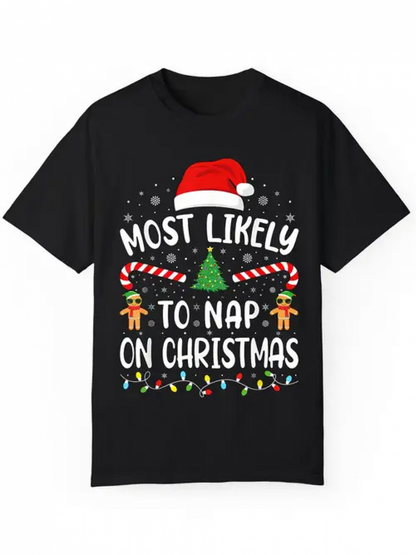 Men's Graphic T-Shirt Most Likely To Nap On Christmas With Candy Canes And Gingerbread Tree