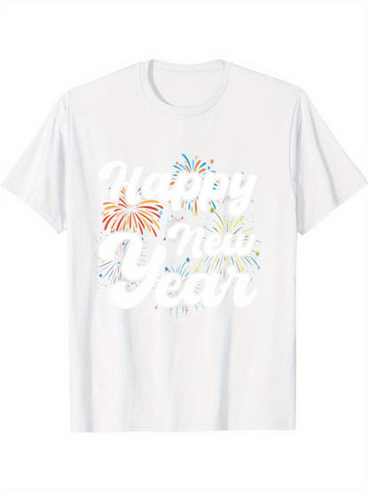 Men's Graphic T-Shirt Happy New Year With Colorful Fireworks Bursting Over White Festive Shirt