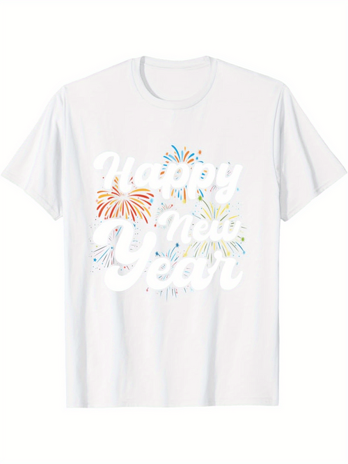 Men's Graphic T-Shirt Happy New Year With Colorful Fireworks Bursting Over White Festive Shirt