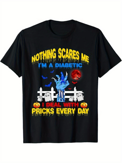 Men's Graphic T-Shirt Nothing Scares Me I Am A Diabetic Halloween Night With Ghosts And Blue Zombie Hand