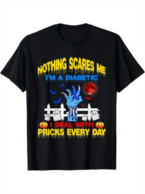 Men's Graphic T-Shirt Nothing Scares Me I Am A Diabetic Halloween Night With Ghosts And Blue Zombie Hand