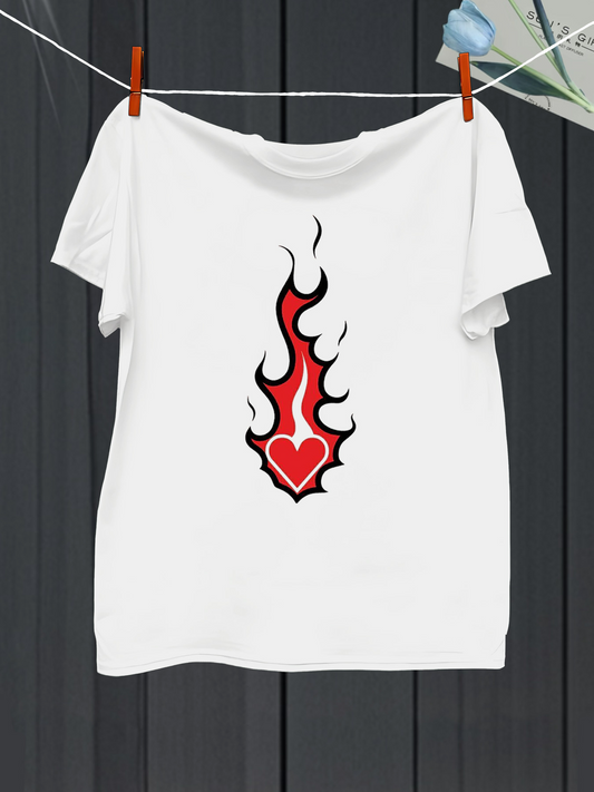 Men's Graphic T-Shirt Bright Red Black Flames With Stylized Heart Centerpiece Flame