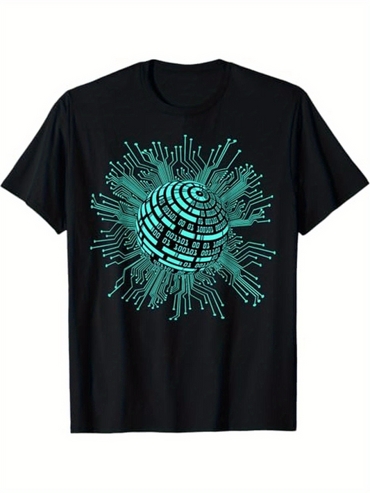 Men's Graphic T-Shirt Glowing Circuit Board Pattern Surrounding Spherical Digital Core