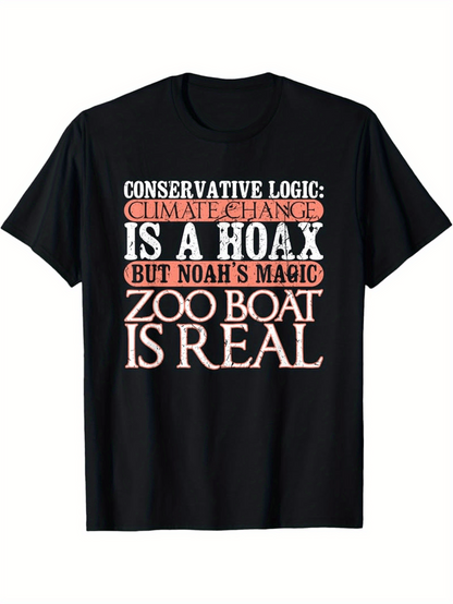 Men's Graphic T-Shirt Conservative Logic Climate Change Hoax Noahs Magic Zoo Boat