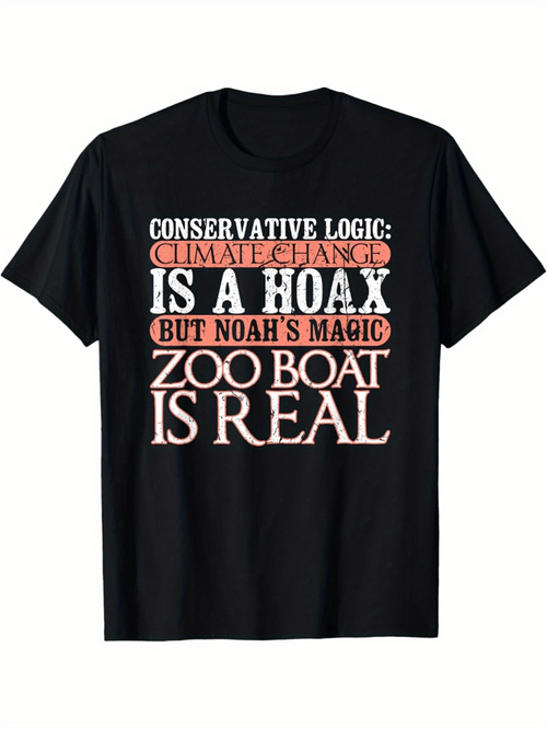 Men's Graphic T-Shirt Conservative Logic Climate Change Hoax Noahs Magic Zoo Boat