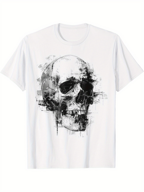 Men's Graphic T-Shirt Abstract Ink Brush Strokes Surrounding Moody Anatomical Human Skull