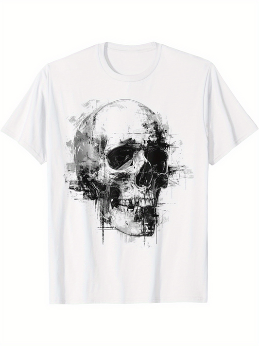 Men's Graphic T-Shirt Abstract Ink Brush Strokes Surrounding Moody Anatomical Human Skull