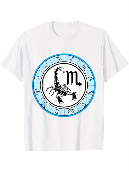Men's Graphic T-Shirt Blue Circle Surrounded With Zodiac Symbols And A Scorpion Drawing