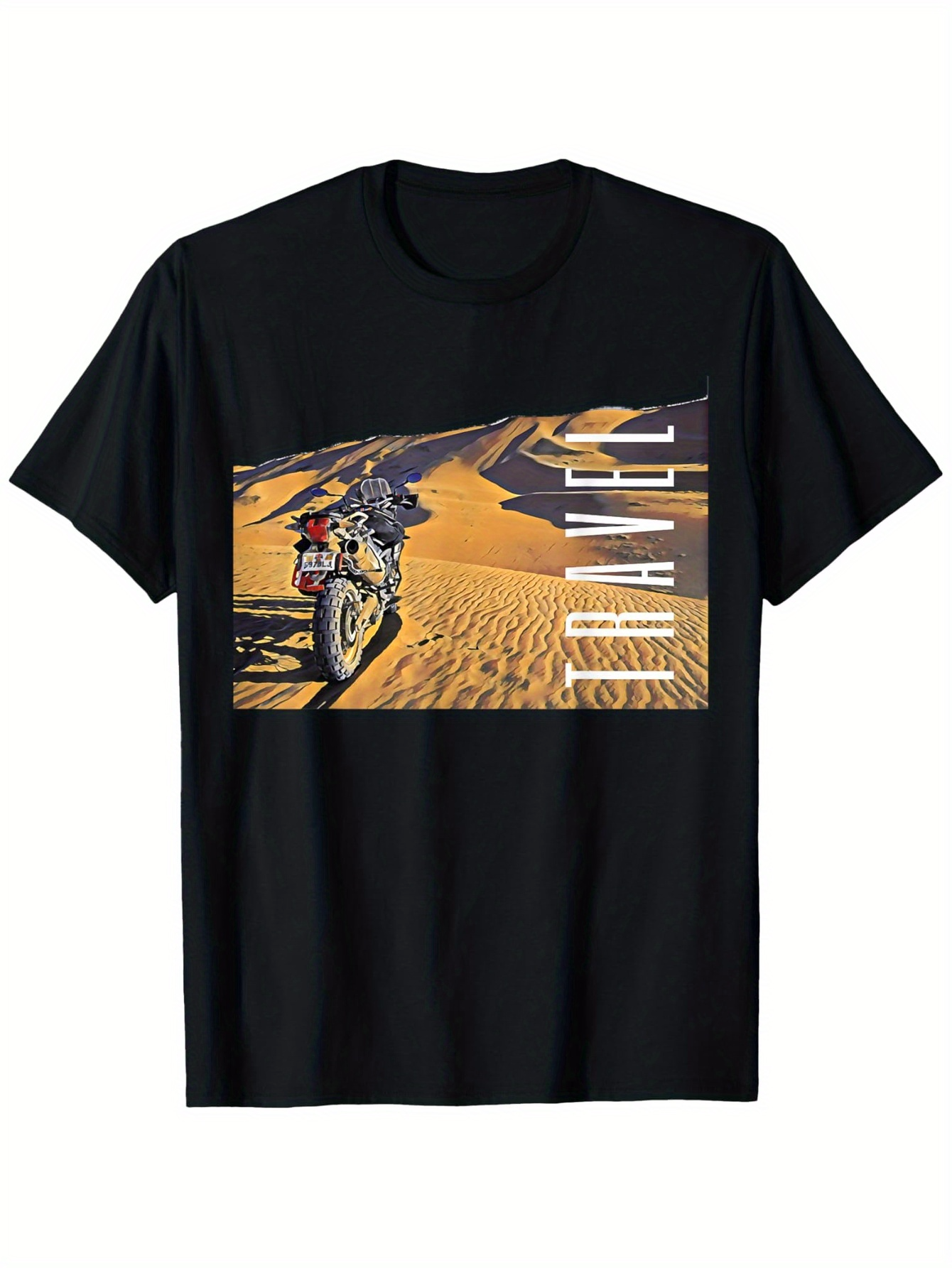 Men's Graphic T-Shirt Endless Desert Adventure Under Golden Sunlight Motorbike