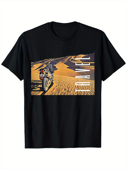 Men's Graphic T-Shirt Endless Desert Adventure Under Golden Sunlight Motorbike