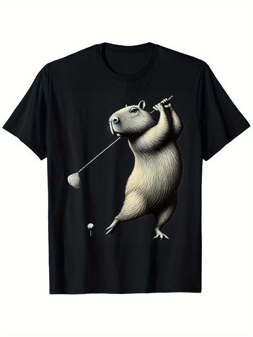 Men's Graphic T-Shirt Playful Capybara Swinging A Golf Club On Black Shirt