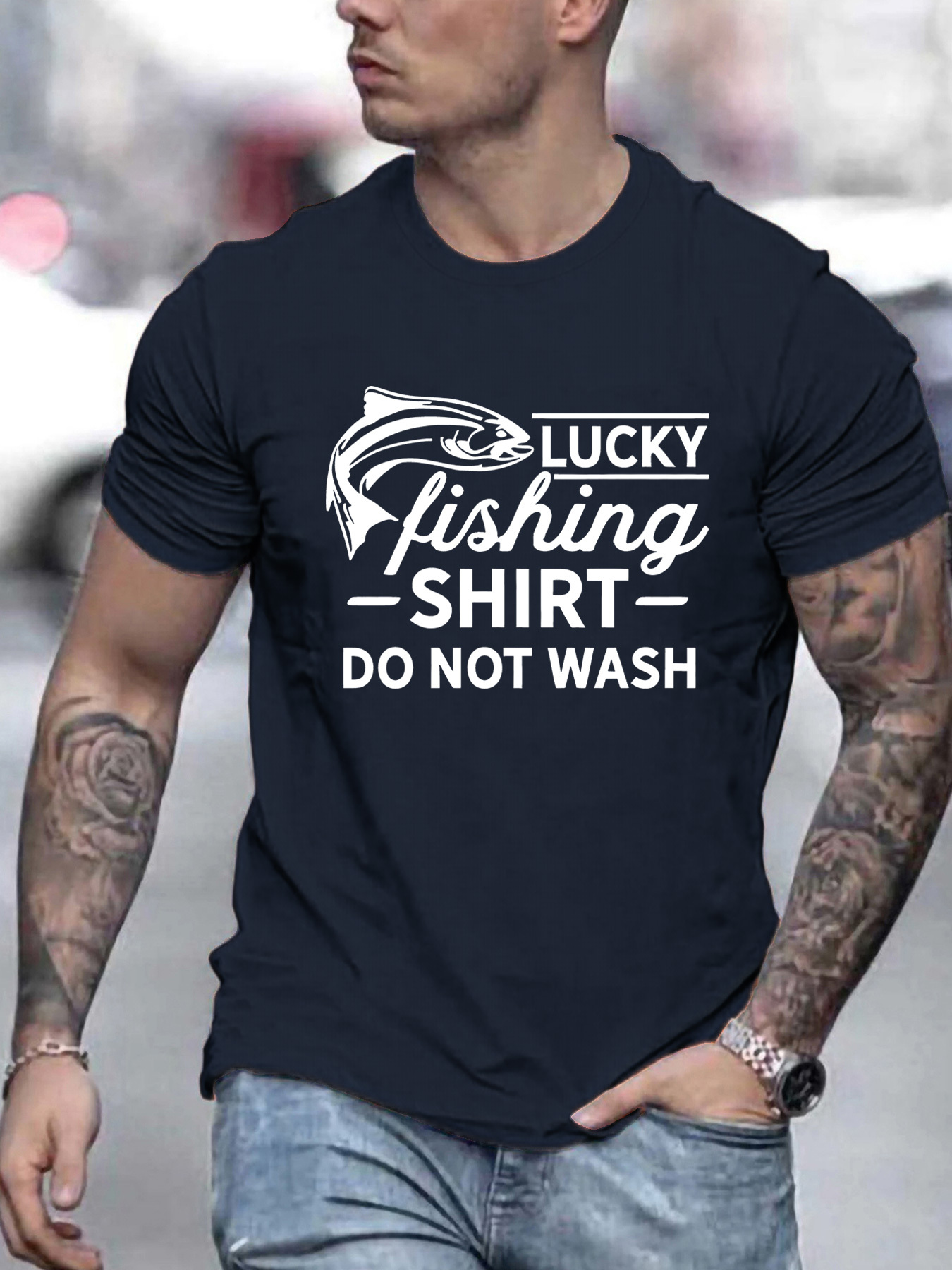 Men's Graphic T-Shirt Lucky Fishing Shirt With Bold Outline Lettering And Leaping Fish Graphic