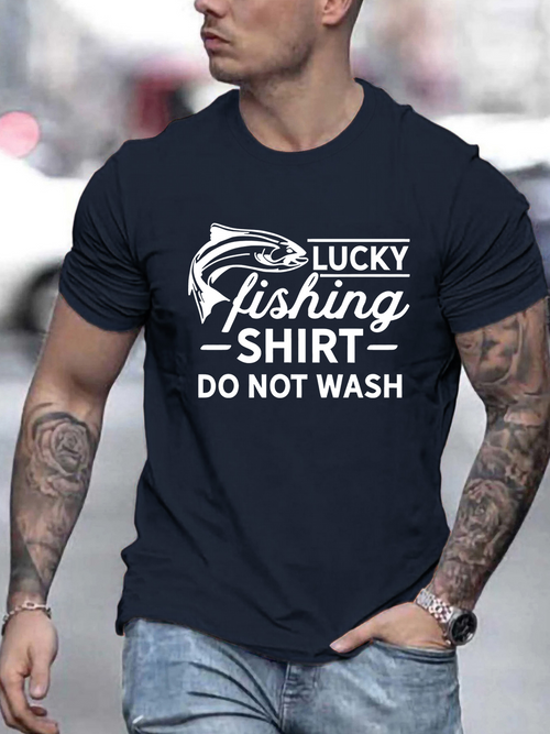 Men's Graphic T-Shirt Lucky Fishing Shirt With Bold Outline Lettering And Leaping Fish Graphic