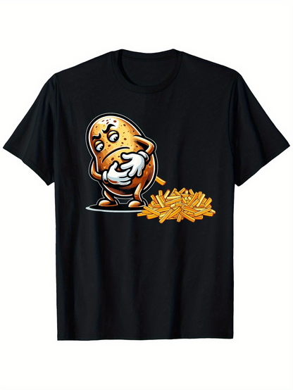 Men's Graphic T-Shirt Crunchy Golden French Fries Beside Cartoon Worrying Potato Character