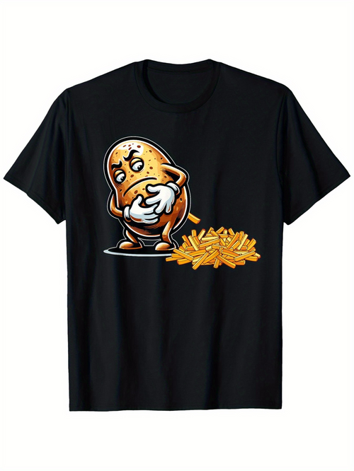 Men's Graphic T-Shirt Crunchy Golden French Fries Beside Cartoon Worrying Potato Character