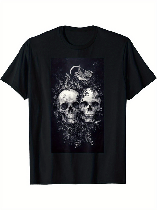 Men's Graphic T-Shirt Floral Shadows With Botanicals Growing Beneath Twin Human Skulls