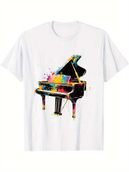 Men's Graphic T-Shirt Colorful Abstract Paint Splashes Decorating Elegant Grand Piano