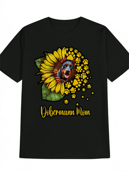 Men's Graphic T-Shirt Dobermann Mom Yellow Sunflower With Petal Burst And Dog Flower