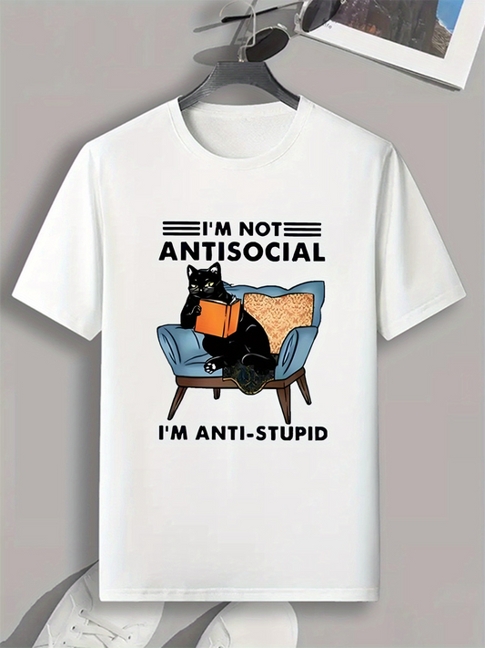 Men's Graphic T-Shirt Im Not Antisocial Im Anti Stupid Cat Reading Book On Cozy Armchair