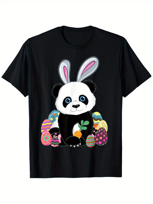 Men's Graphic T-Shirt Colorful Easter Eggs Surrounding Cute Panda With Bunny Ears