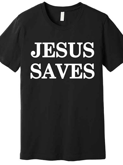 Men's Graphic T-Shirt Jesus Saves Bold White Letters On Simple Black Cotton T Shirt