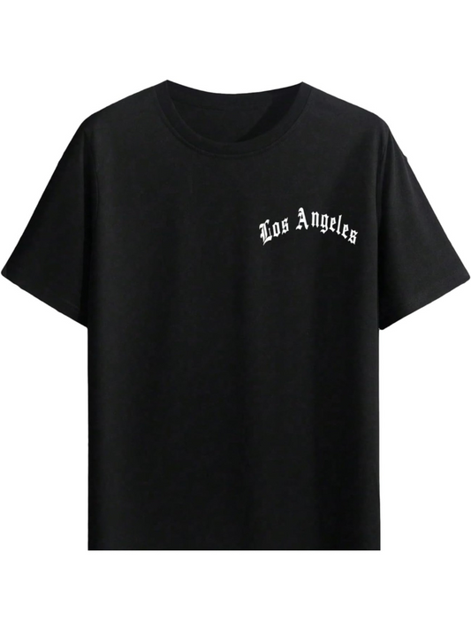 Men's Graphic T-Shirt Curved White Lettering Over Simple Black Cotton Los Angeles T Shirt