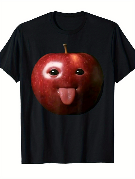 Men's Graphic T-Shirt Playful Human Face With Tongue On Shiny Red Apple
