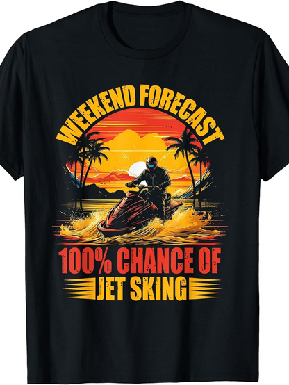 Men's Graphic T-Shirt Weekend Forecast Sunset Beach With Tropical Trees And Fast Jet Skiing