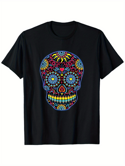 Men's Graphic T-Shirt Colorful Ornamental Flowers Swirling Around Sugar Skull
