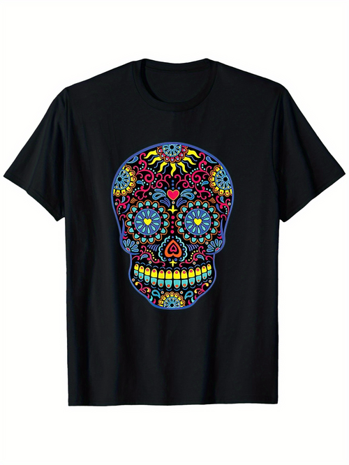 Men's Graphic T-Shirt Colorful Ornamental Flowers Swirling Around Sugar Skull